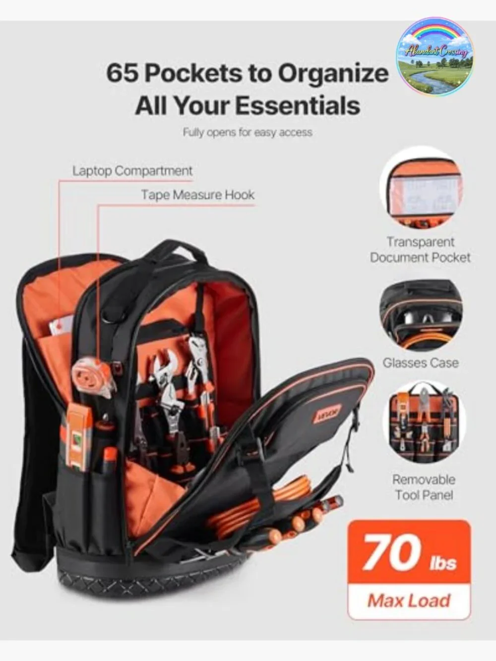 65-Pocket Heavy-Duty Tool Backpack with Laptop Compartment, Molded Base, Oxford